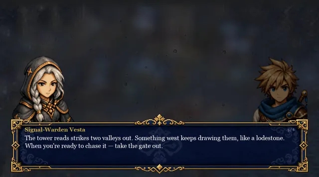 Signal-Warden Vesta talks with Oden in a voiced dialogue scene.