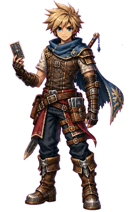 Oden, a young courier with a blue scarf and a card in hand.
