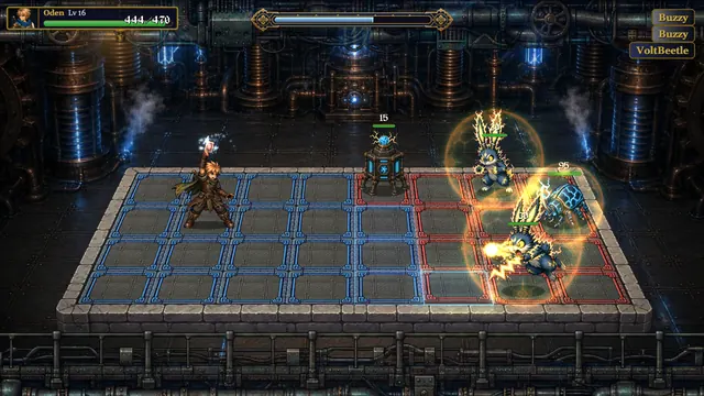 A battle inside the Power Plant, lightning in the air.